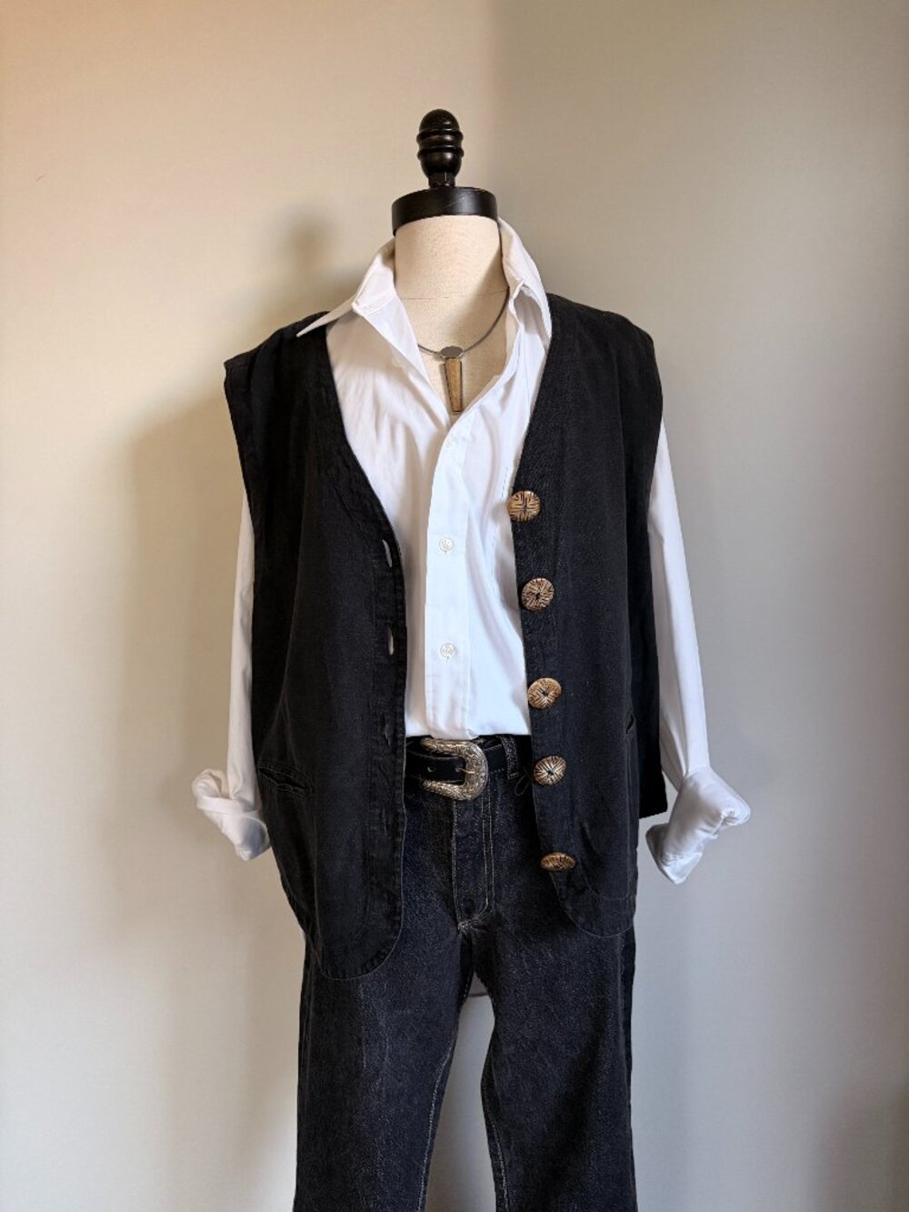 Vintage 90s Black Cotton Vest Brown Buttons M L